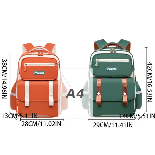 Two backpacks, one orange and one green with brown accents, shown with measurements on a white background.